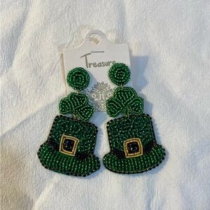 Green Beaded Leprechaun Hat Earrings